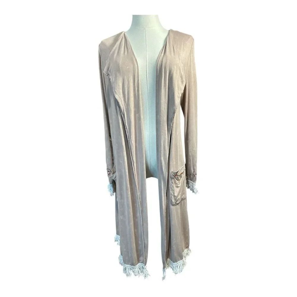 POL Small Western Peasant BOHO Embroidered Fringe Trim Duster Kimono Cardigan